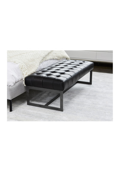 Black Tufted Leather Bench Iron Industrial Base